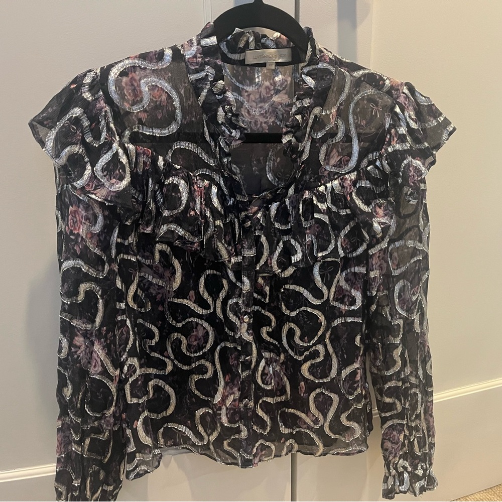 Love Shack Fancy Black and Silver Sheer Floral Top